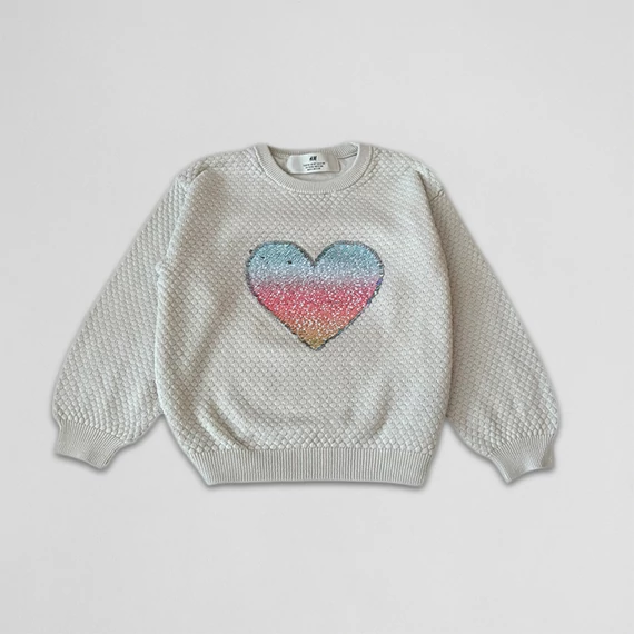 H&M - Lány pulóver, fehér, szivecskés (104)